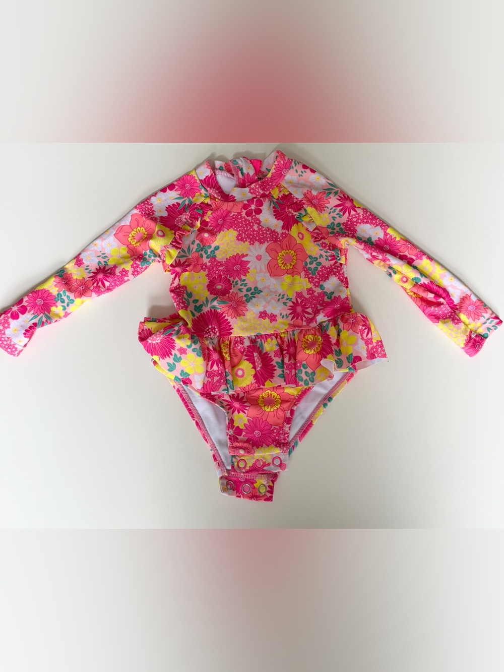 Betsey Johnson Pink Yellow Floral Long-Sleeve Rashguard Swimsuit 18m